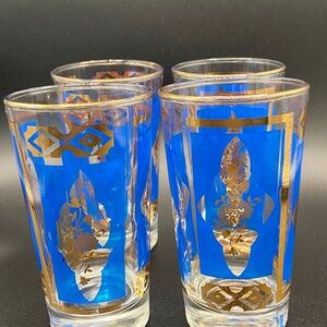 Dominion Hi-Ball glasses x4 blue & gold floral VTG '60s Canada